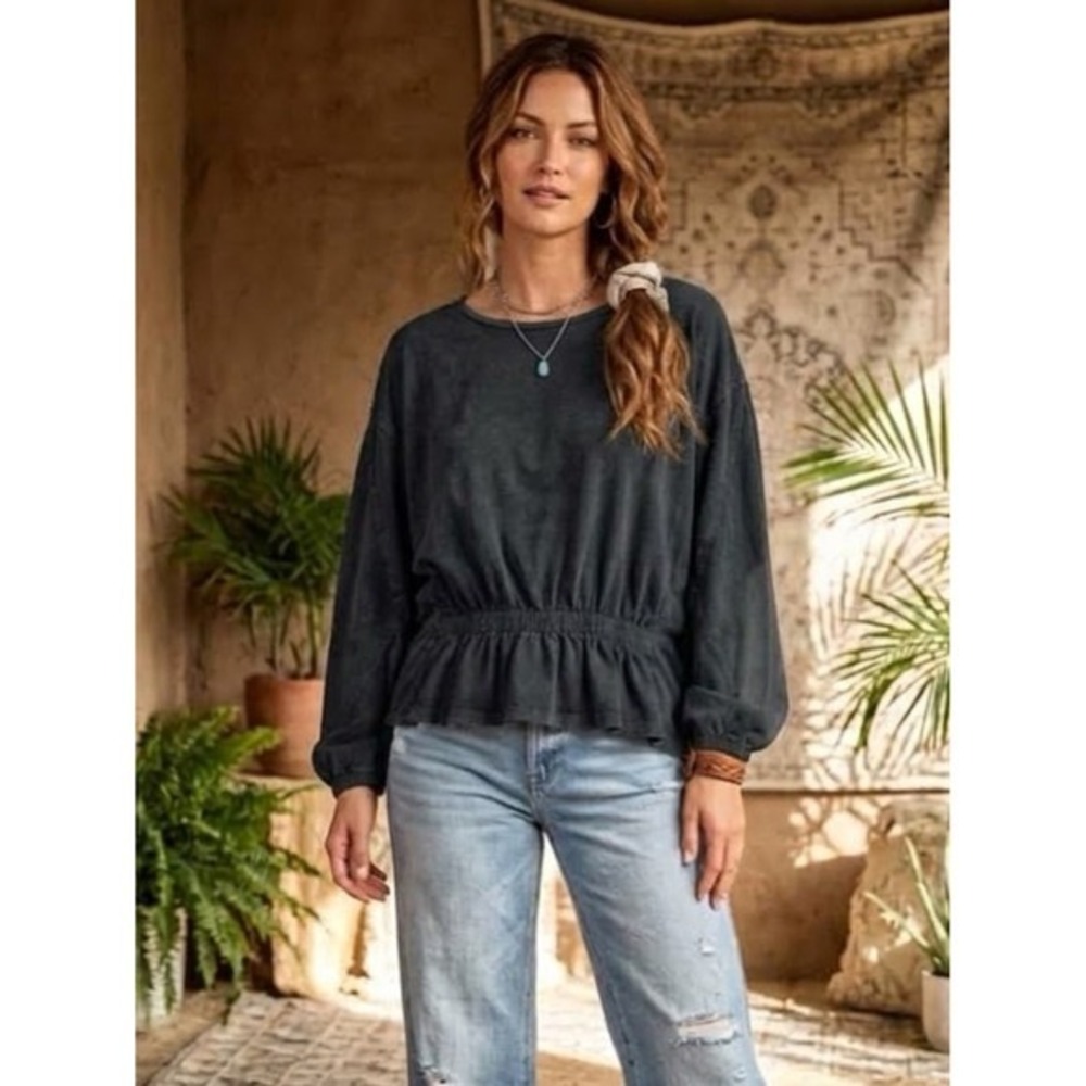 Easel Black Mineral Wash Cinched Waist Boho Top S Layering Neutral Soft Grunge